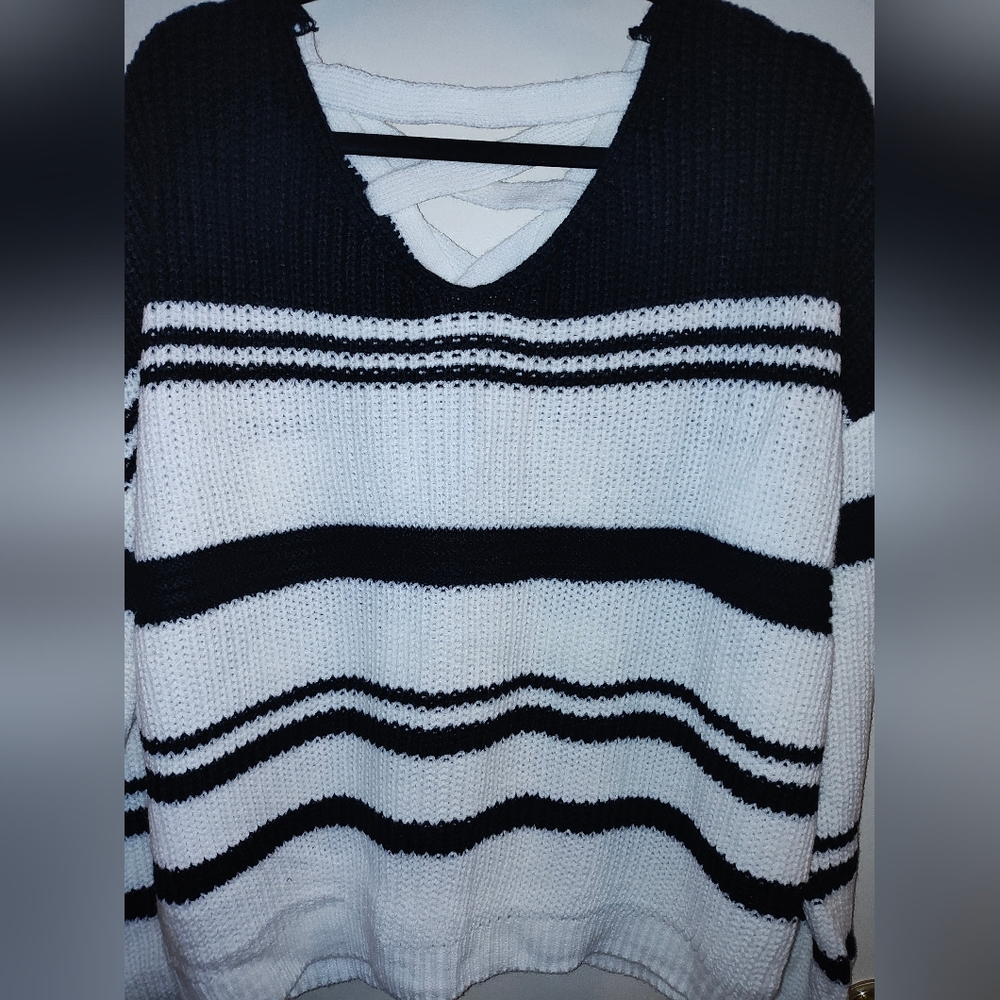 Derek Heart Black and White Lace-Up Sweater - Picture 2 of 3